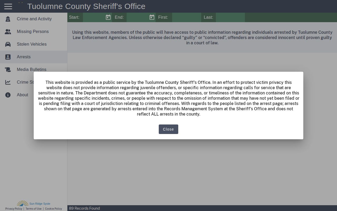 Tuolumne County official 30-day arrest record search interface