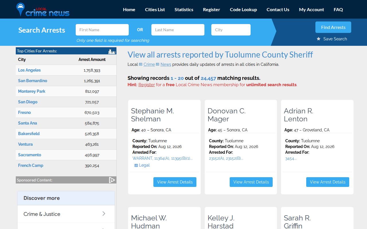 Unofficial Tuolumne County arrest archive on Local Crime News